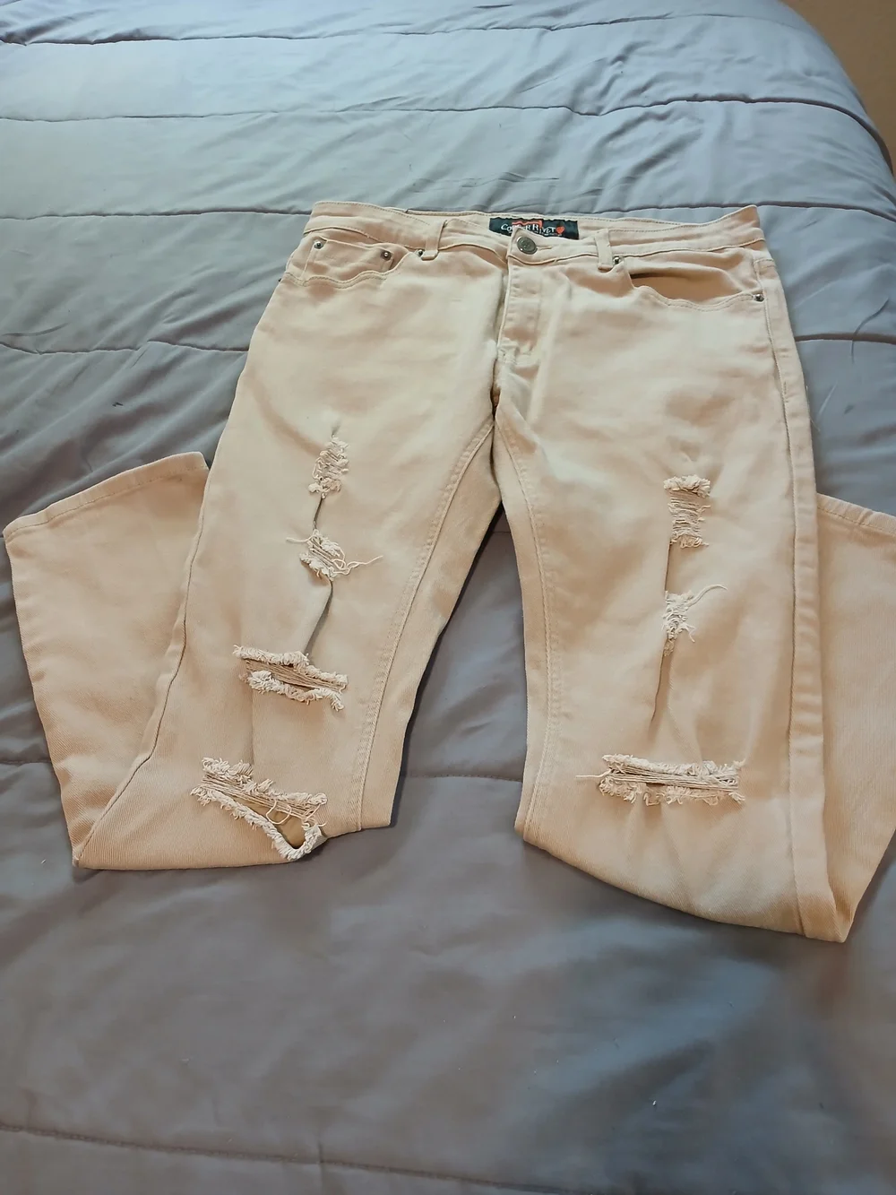 98% Cotton Copper Rivet Men's Slim Fit Distressed Ripped Moto Jeans Tan 34x30